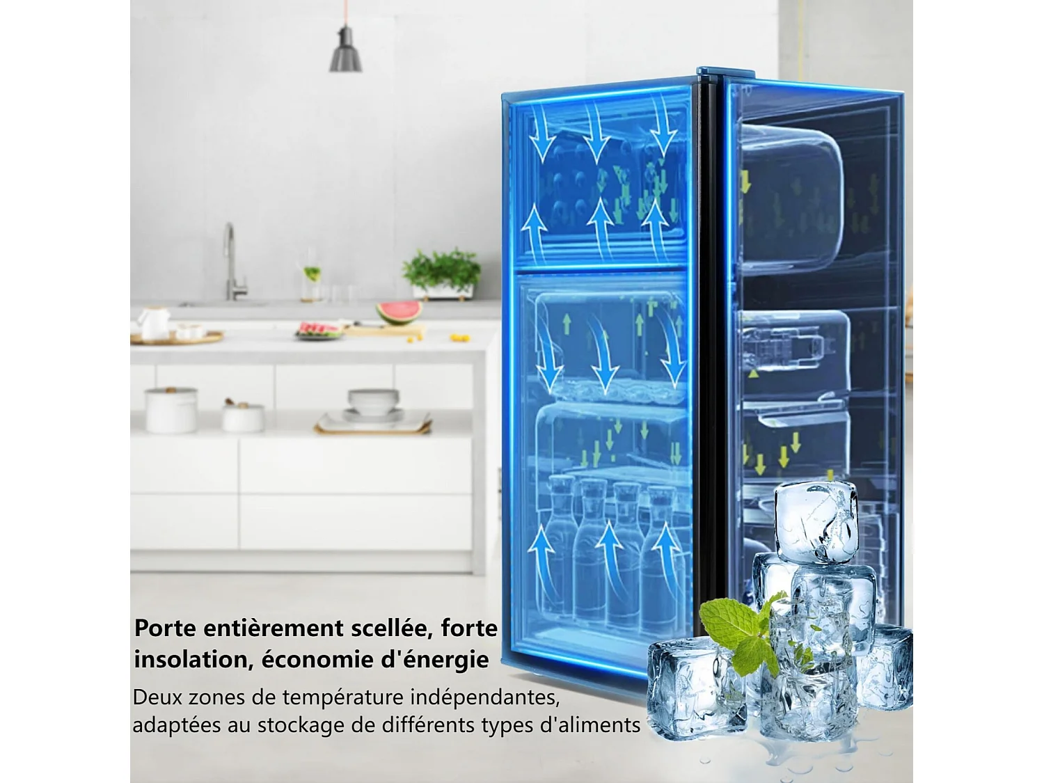 Réfrigérateur 22L+38L avec LED, pieds réglable, 172 kWh/an, -27 °C à 13 °C, 7 Niveau Température, énergétique E, 42x45.5x86.8cm