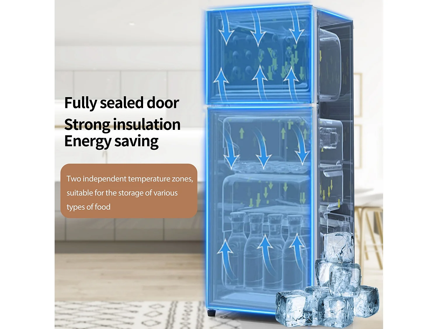 Réfrigérateur deux portes, 28L + 64L, avec 3 étagères et LED, -27°C à 13°C, 116 kWh/an, efficacité énergétique D