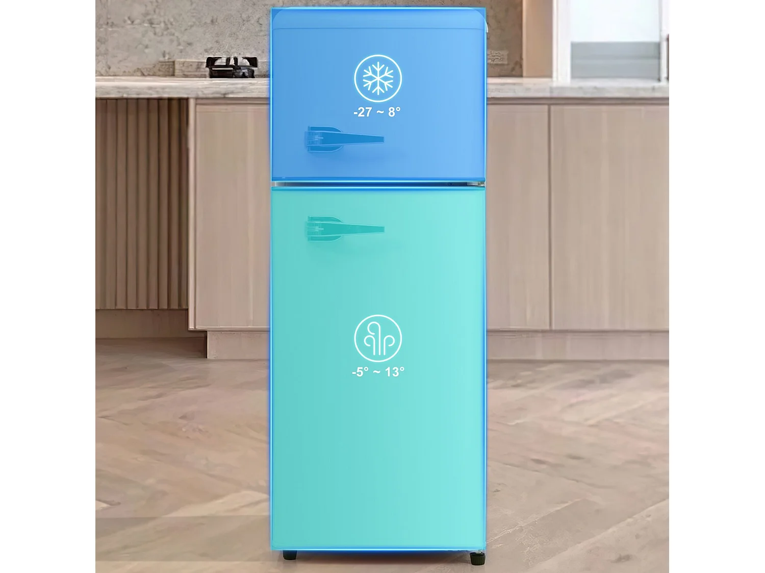Zwei -Door -Kühlschrank, 28l + 64L, mit 3 Regalen und LEDs, -27 ° C bei 13 ° C, 116 kWh/Jahr, Energieeffizienz von