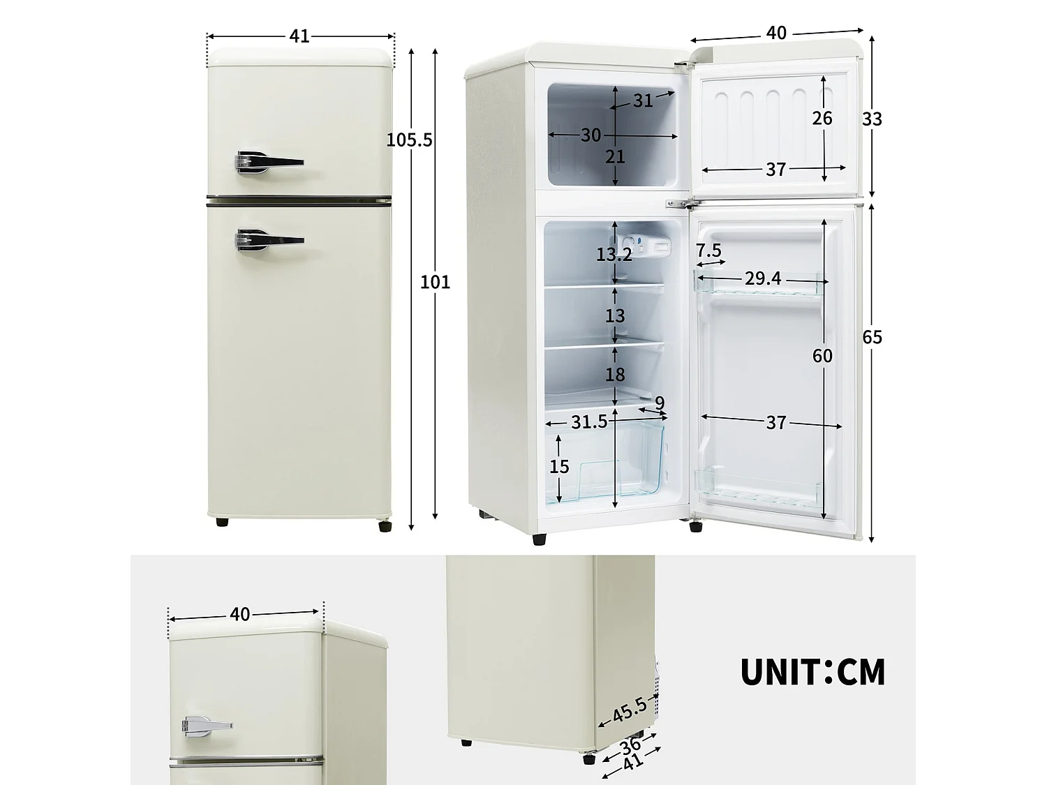 Zwei -Door -Kühlschrank, 28l + 64L, mit 3 Regalen und LEDs, -27 ° C bei 13 ° C, 116 kWh/Jahr, Energieeffizienz von