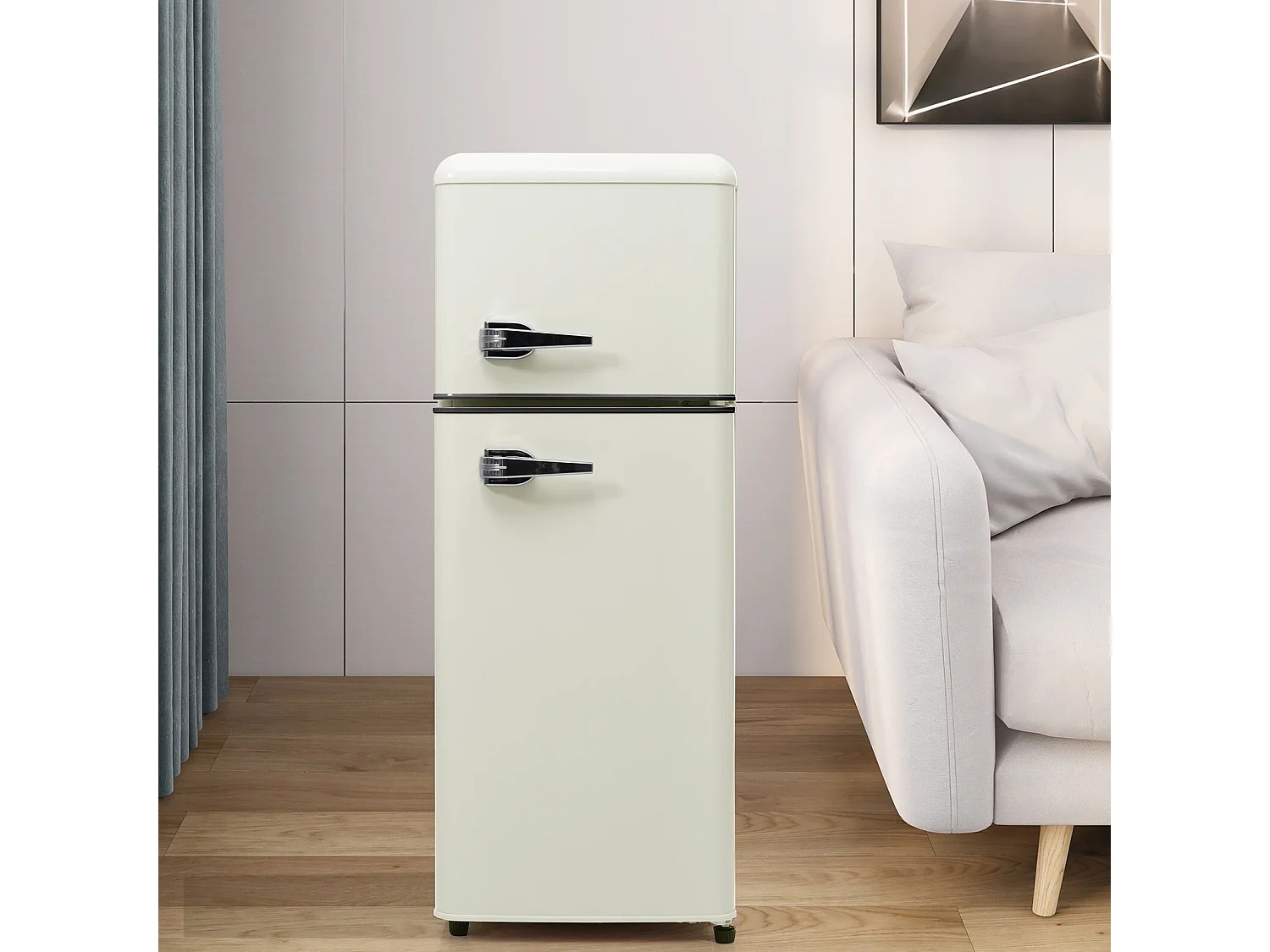 Zwei -Door -Kühlschrank, 28l + 64L, mit 3 Regalen und LEDs, -27 ° C bei 13 ° C, 116 kWh/Jahr, Energieeffizienz von