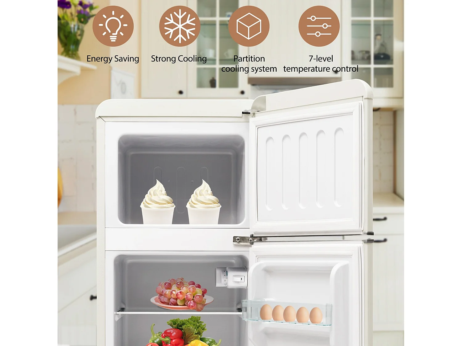 Zwei -Door -Kühlschrank, 28l + 64L, mit 3 Regalen und LEDs, -27 ° C bei 13 ° C, 116 kWh/Jahr, Energieeffizienz von