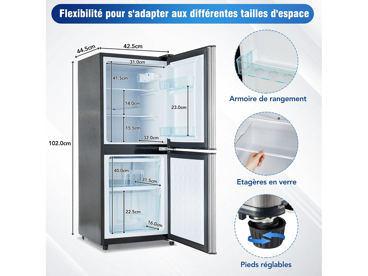 106L Silver+Black koelkast, met glazen verdeling en verstelbare voeten, 7 temperatuur, -25 ~ 10 ℃, energie -efficiëntieklasse