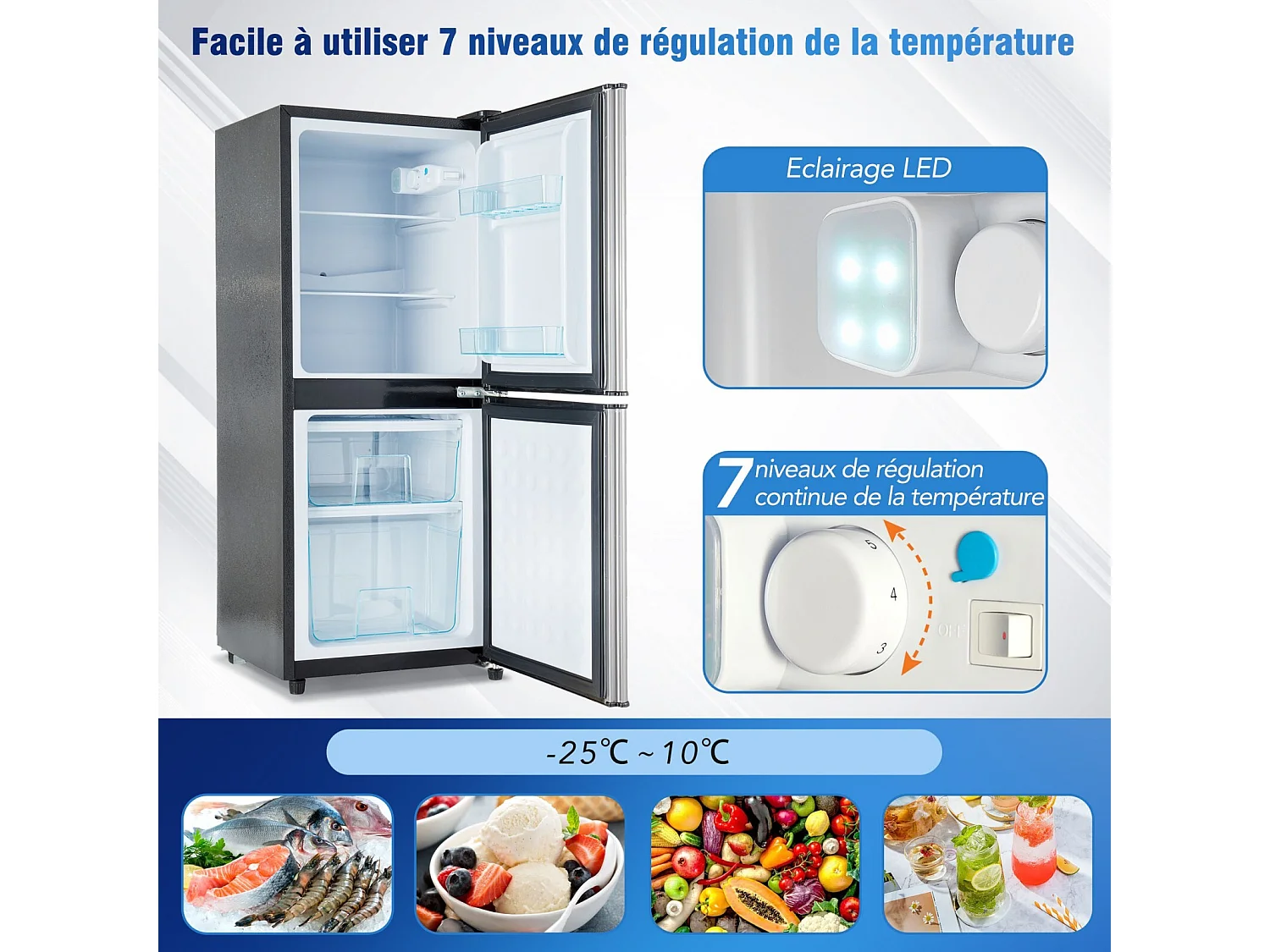 106L Silver+Black koelkast, met glazen verdeling en verstelbare voeten, 7 temperatuur, -25 ~ 10 ℃, energie -efficiëntieklasse