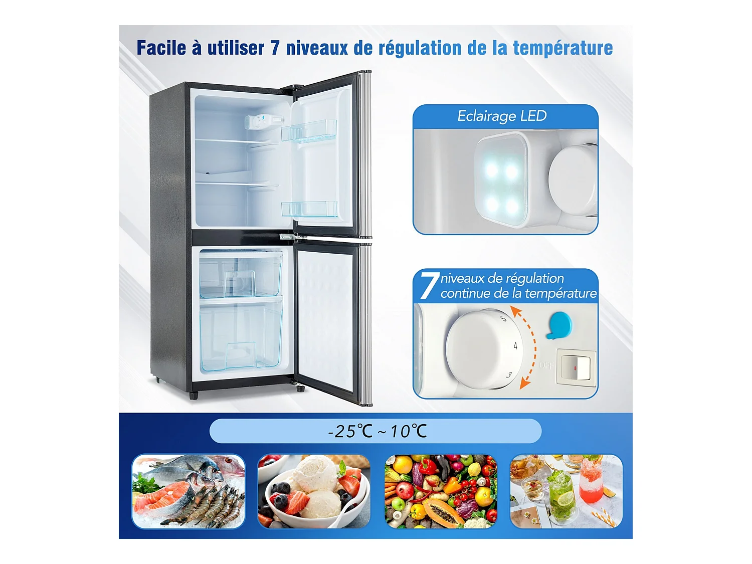106L Réfrigérateur Argenté+noir, avec cloison en verre et pieds réglables, 7 température, -25~10 ℃, Classe d'efficacité énergétique E