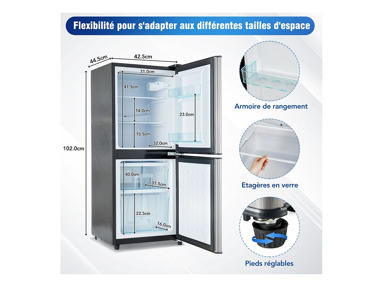 106L Réfrigérateur Argenté+noir, avec cloison en verre et pieds réglables, 7 température, -25~10 ℃, Classe d'efficacité énergétique E