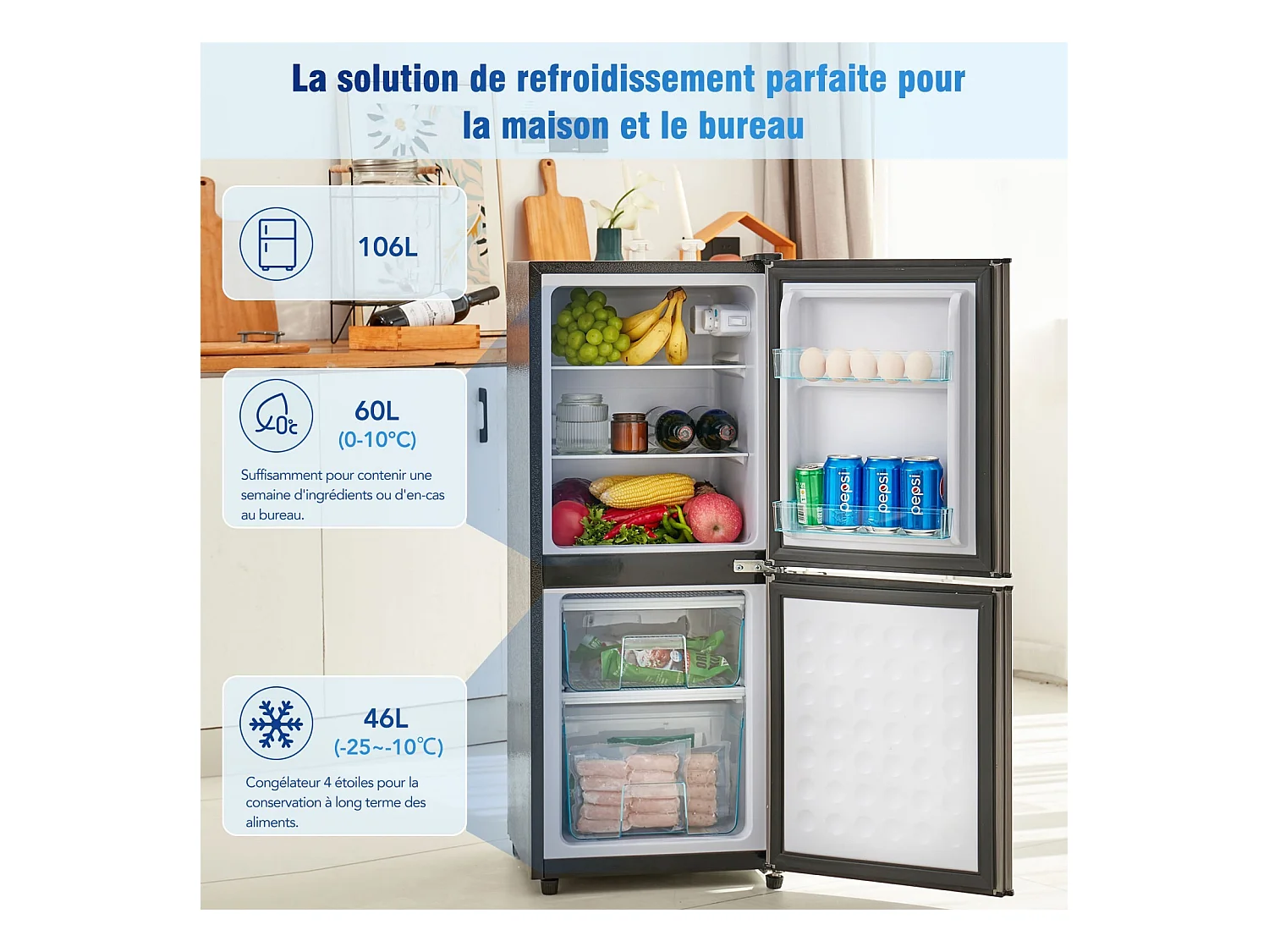 106L Réfrigérateur Argenté+noir, avec cloison en verre et pieds réglables, 7 température, -25~10 ℃, Classe d'efficacité énergétique E