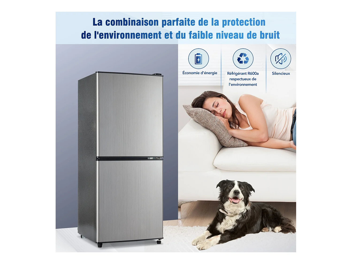106L Réfrigérateur Argenté+noir, avec cloison en verre et pieds réglables, 7 température, -25~10 ℃, Classe d'efficacité énergétique E