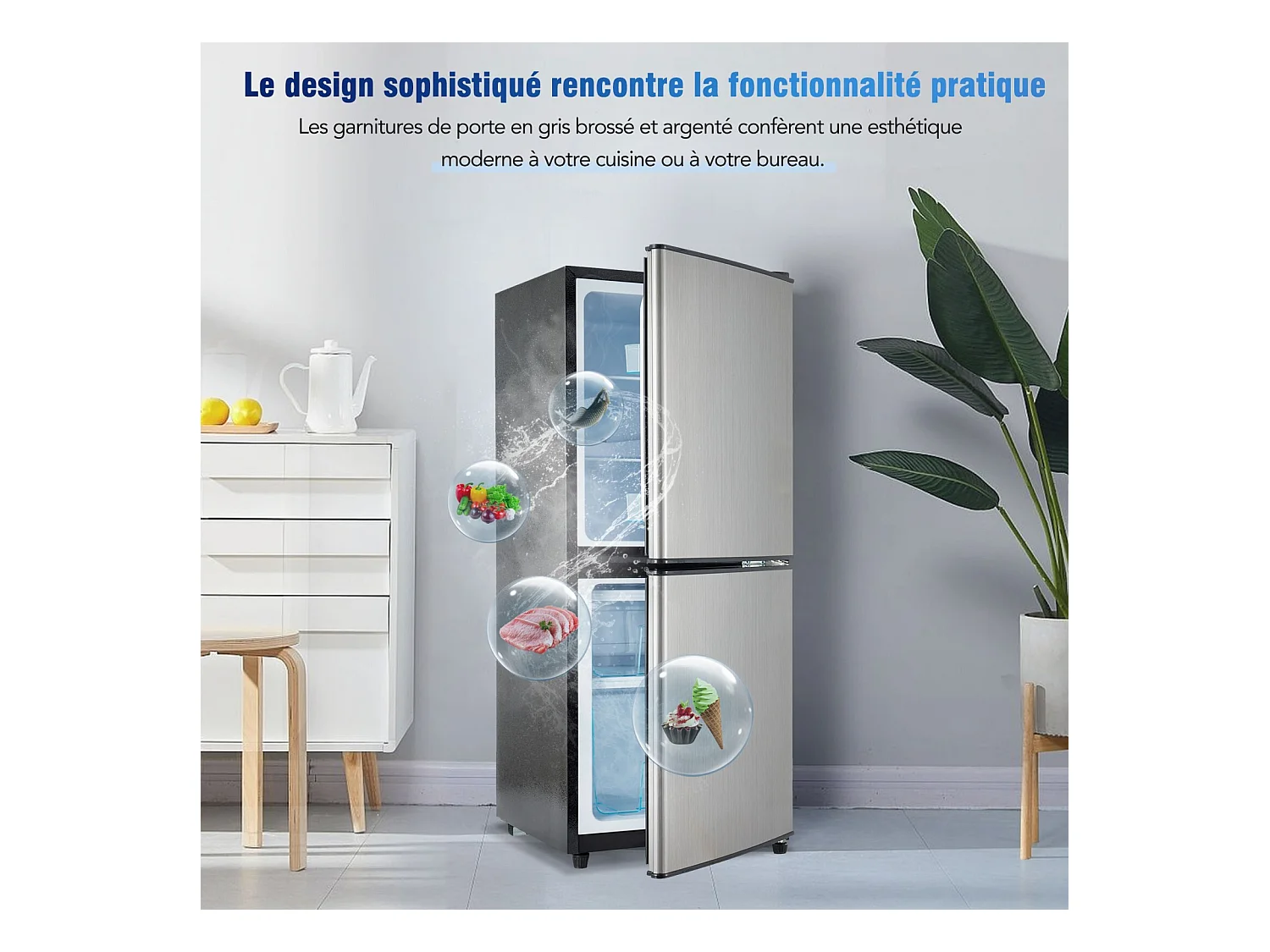106L Réfrigérateur Argenté+noir, avec cloison en verre et pieds réglables, 7 température, -25~10 ℃, Classe d'efficacité énergétique E