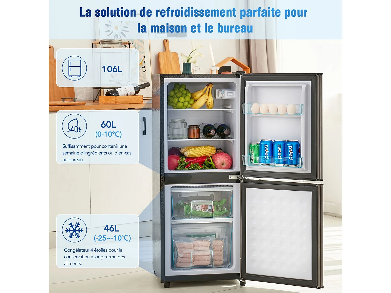 106L Réfrigérateur Argenté+noir, avec cloison en verre et pieds réglables, 7 température, -25~10 ℃, Classe d'efficacité énergétique E