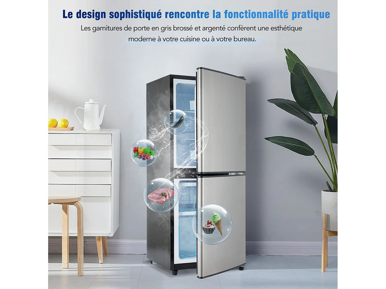 106L Réfrigérateur Argenté+noir, avec cloison en verre et pieds réglables, 7 température, -25~10 ℃, Classe d'efficacité énergétique E