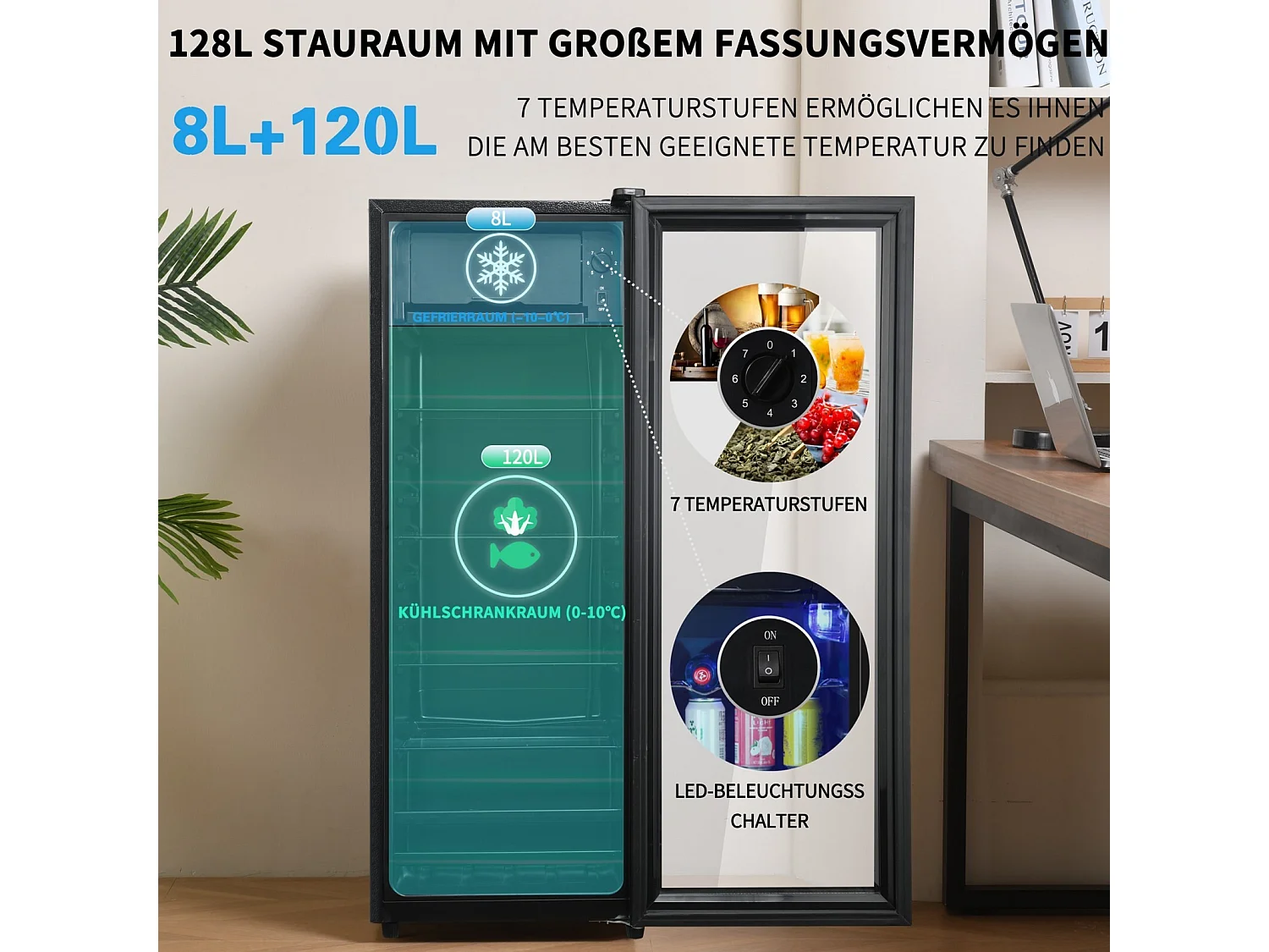 128L koelkast, met 3 verstelbare planken en glazen deur, -10 ° C bij 10 ° C, 90 kWh/jaar, energie -efficiëntie F, 40x41x109,5 cm