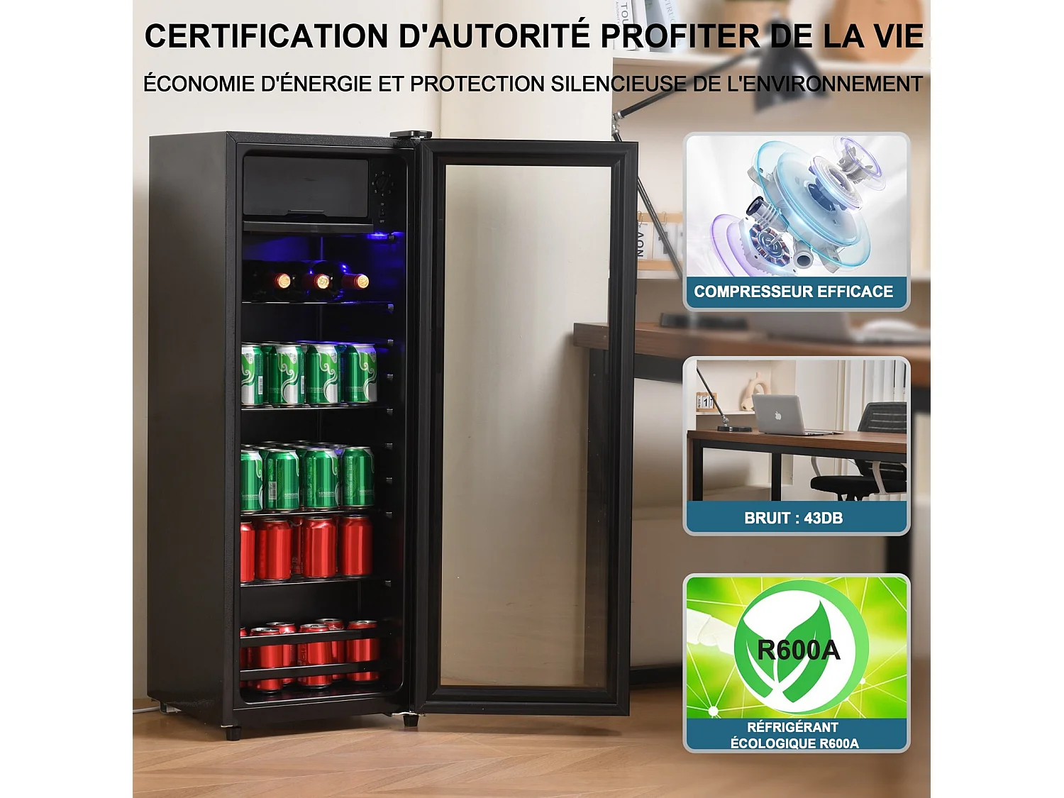 128L Kühlschrank mit 3 einstellbaren Regalen und Glasentür, -10 ° C bei 10 ° C, 90 kWh/Jahr, Energieeffizienz F, 40 x 41 x 109,5 cm