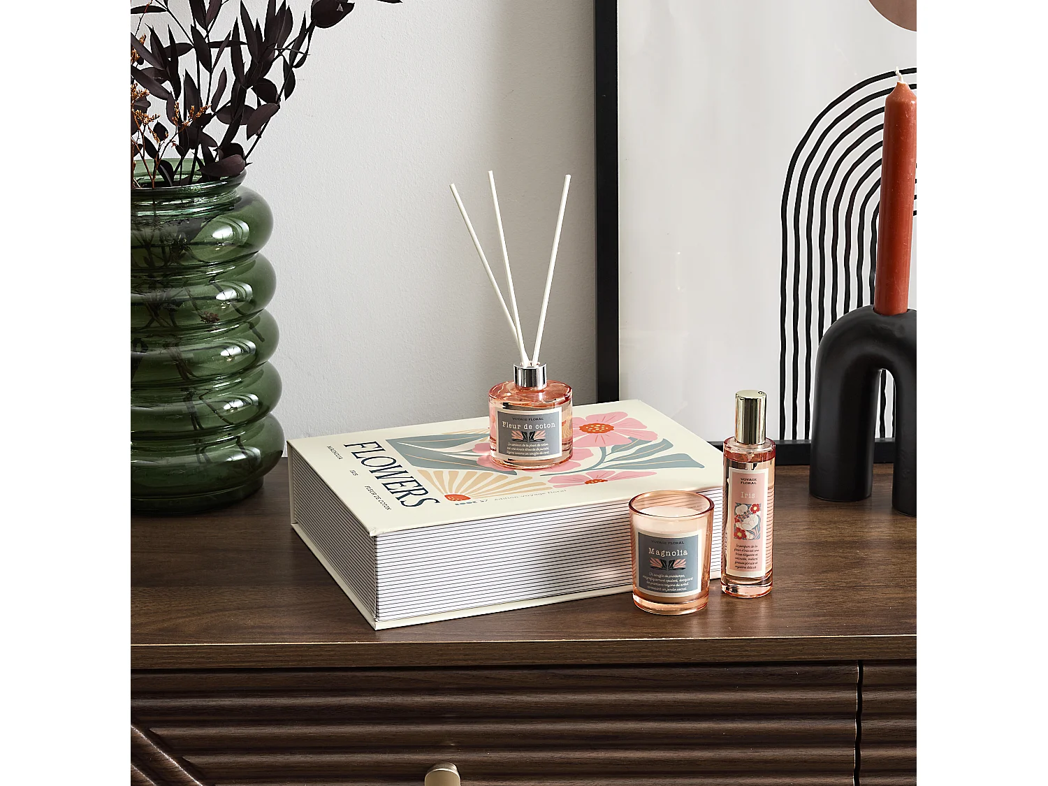 Bougie Parfumee Diffuseur Spray Coffret Flower Blanc, Rose, Vert