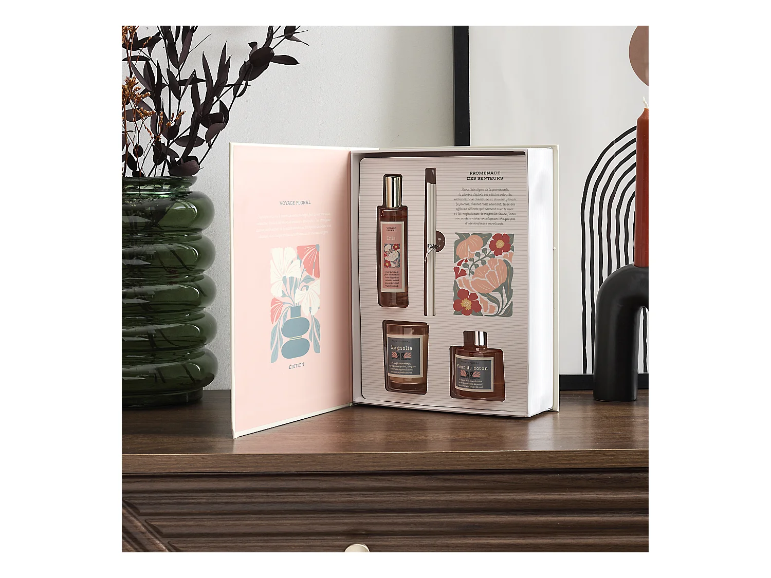 Bougie Parfumee Diffuseur Spray Coffret Flower Blanc, Rose, Vert