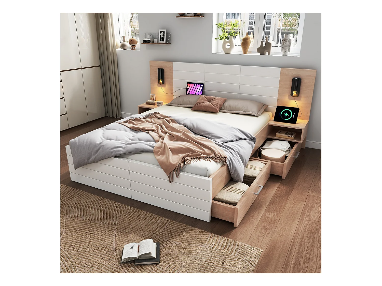 Lit avec tiroirs et chevets 180x200cm, chêne blanc, avec lampes de lecture 360° et Ports de charge USB, 255×207x80cm