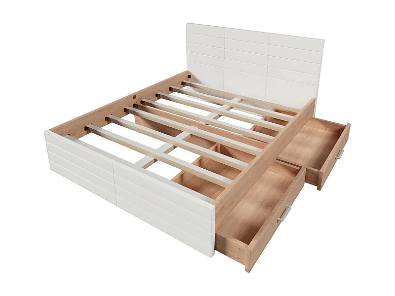 Bett mit Aufbewahrung 180 × 200 cm - Eiche - 2 Schubladen - Weiß- und Holzkorn - 207 × 185 x 80 cm