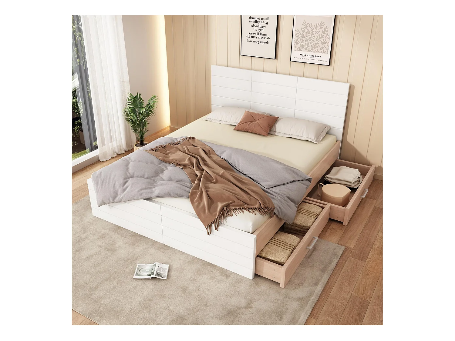 Lit avec rangements 180 × 200 cm - chêne - 2 tiroirs - blanc et grain de bois - 207×185x80cm