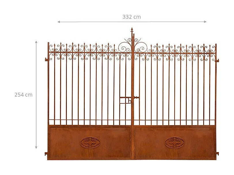 BISCOTTINI Portail en fer - Fer massif avec détails ornementaux - Clôture en fer - Portail en métal - Porte décorative - Portail d'entrée - 332x8x245cm