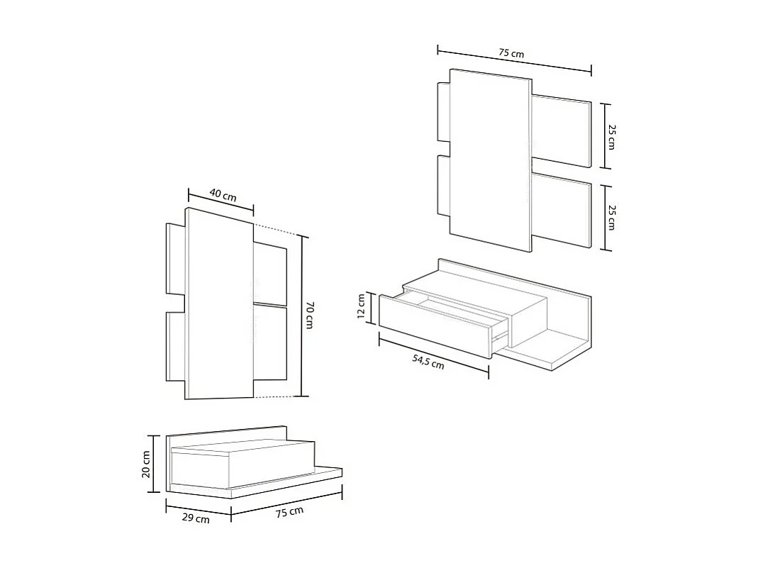 Console suspendue avec 1 tiroir et 1 miroir L75 cm - TEKKAN
