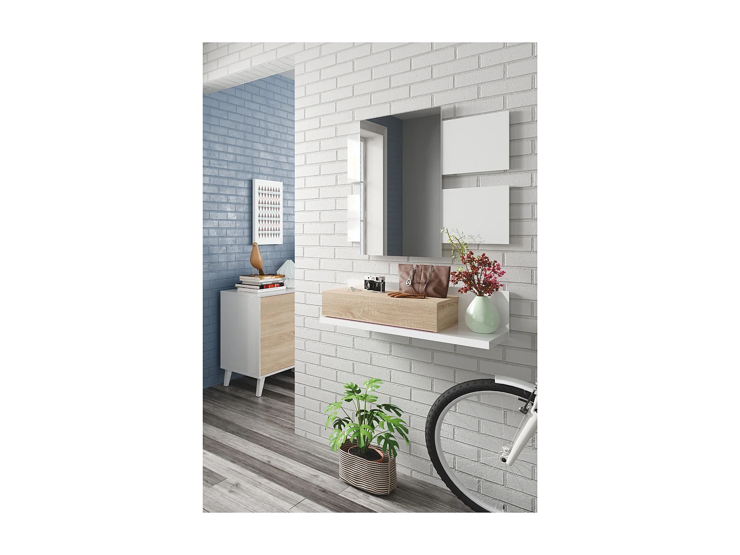 Console suspendue avec 1 tiroir et 1 miroir L75 cm - TEKKAN