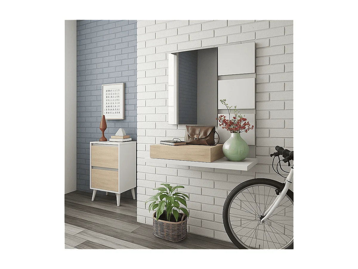 Console suspendue avec 1 tiroir et 1 miroir L75 cm - TEKKAN
