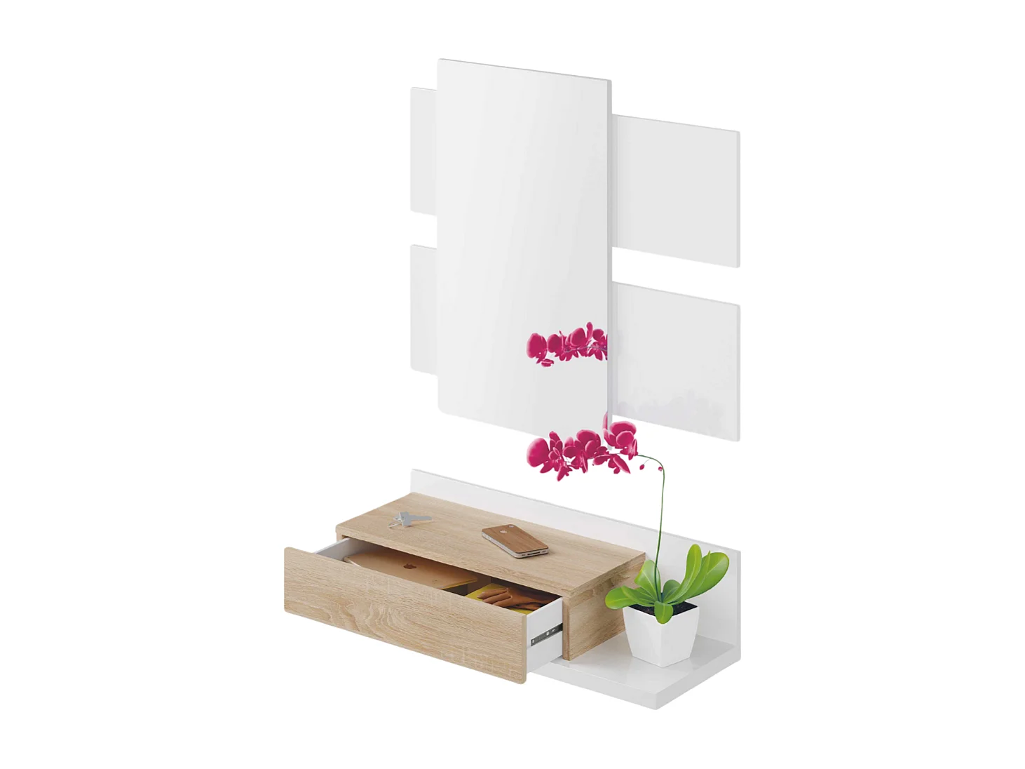 Console suspendue avec 1 tiroir et 1 miroir L75 cm - TEKKAN