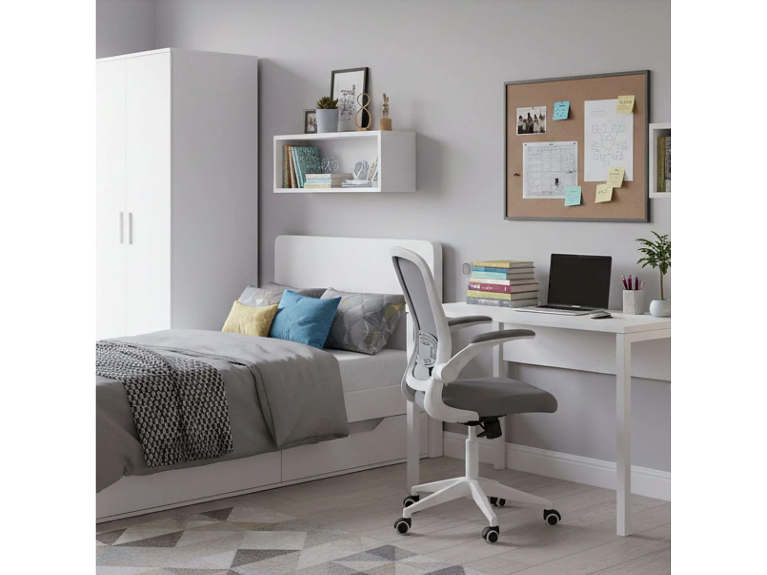Cadeira de escritório giratória Lexi em cinza e branco com rodas, 66x108x64 cm