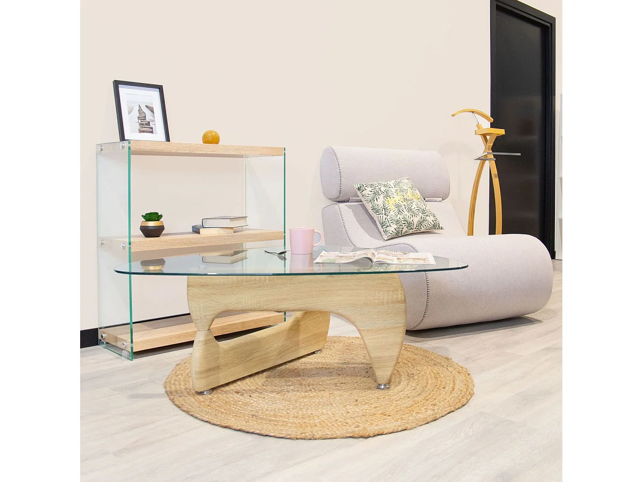Mesa de centro con sobre de cristal y madera clara 110 cm Leyna Cristal transparente - Madera clara