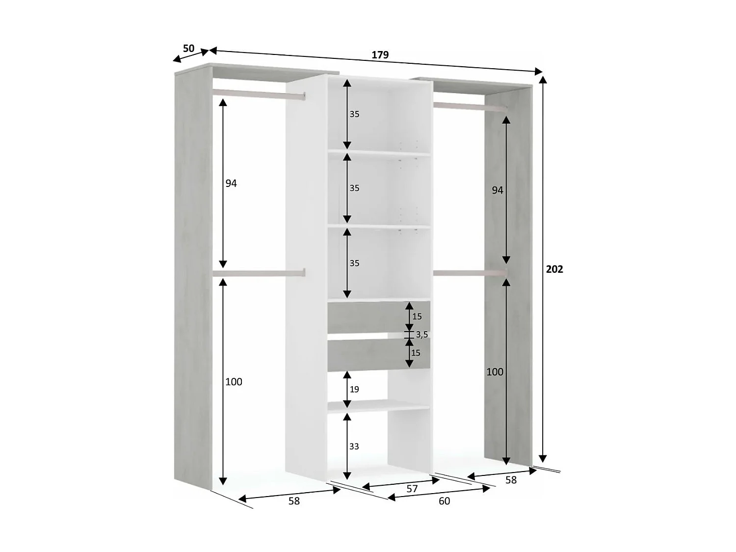 Armario vestidor Drest 4 barras para colgar + 4 estantes + 2 cajones blanco 202x179x50 cm
