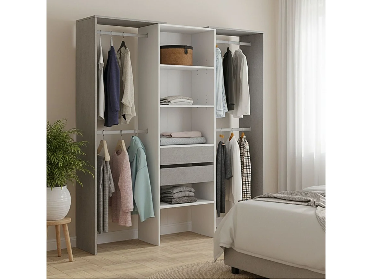 Armario vestidor Drest 4 barras para colgar + 4 estantes + 2 cajones blanco 202x179x50 cm