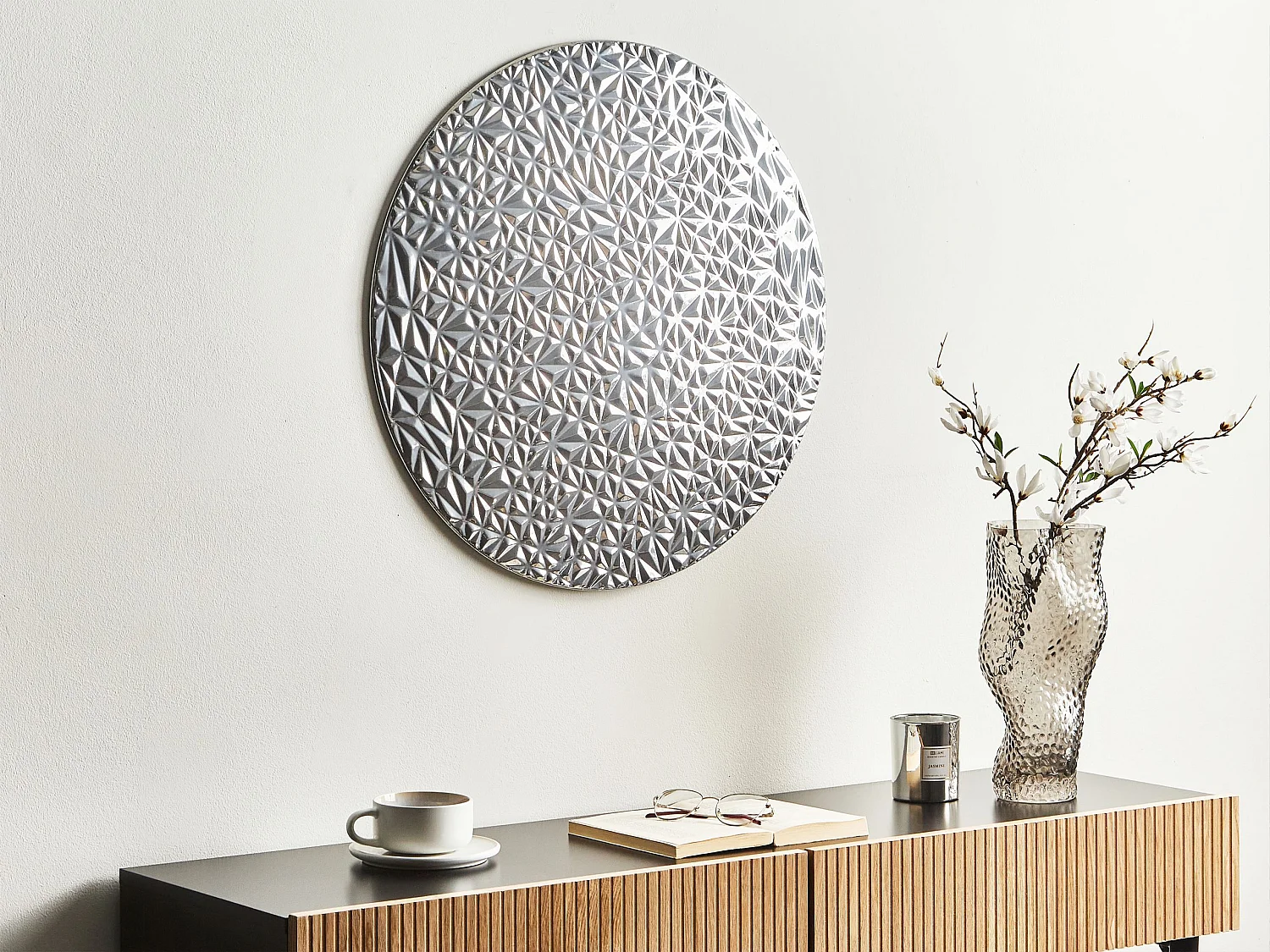 Wanddekoration Kreis rund Metall silber einteilig handgemacht modern Moscavide