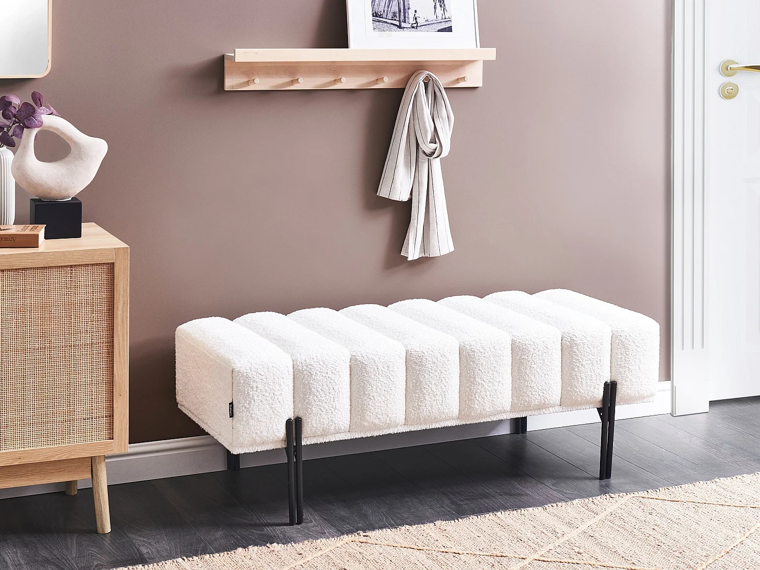 Banc CAREY Tissu chenille Blanc cassé
