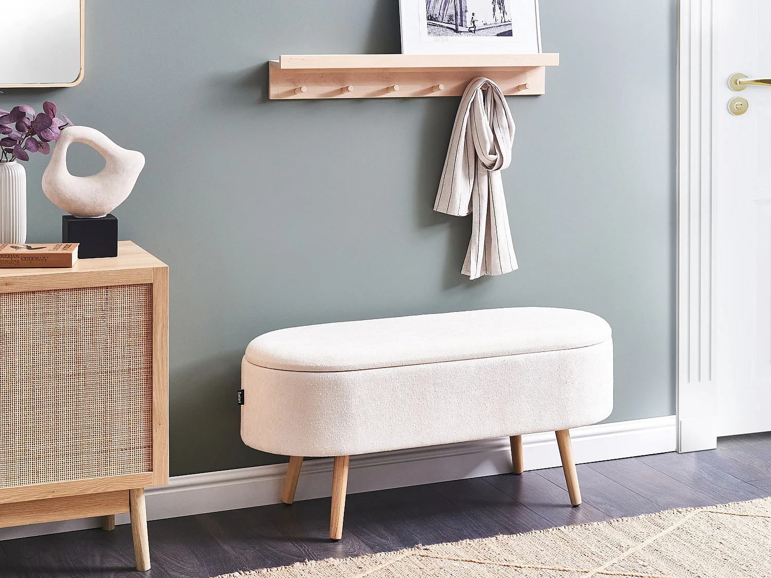 Banc de rangement OKLAHOMA Tissu chenille Blanc cassé