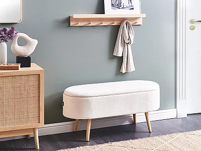 Banc de rangement OKLAHOMA Tissu chenille Blanc cassé