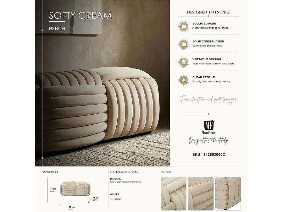 Moderner Design-Pouf aus Samt, geflochten, 90x45x45cm, Softy - Creme