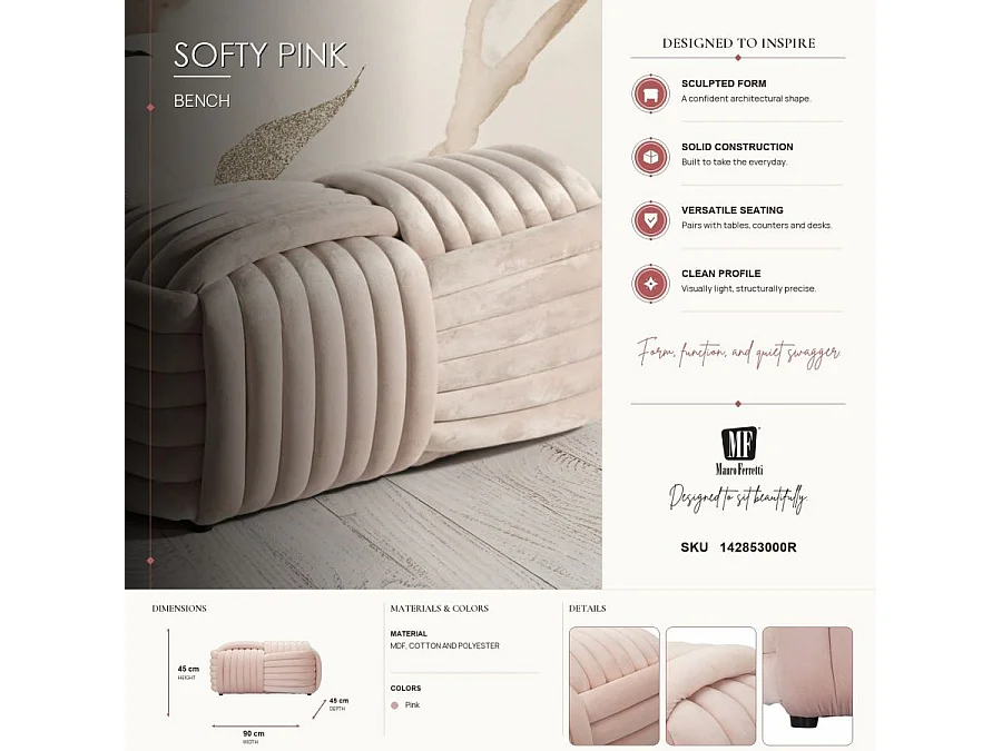 Puff Softy Pink - Puff de Veludo Rosa Elegante - 90 cm x 45 cm x 45 cm