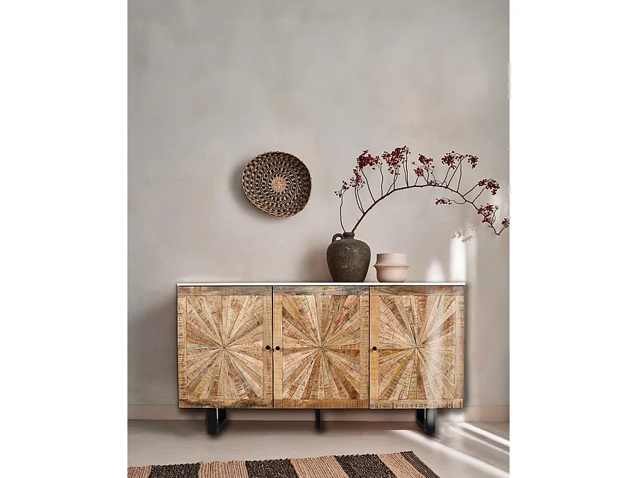 Sunet - Buffet en bois massif et marbre blanc 160 cm