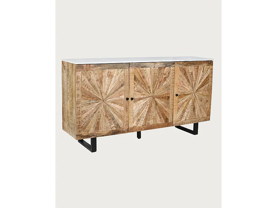 Sunet - Buffet en bois massif et marbre blanc 160 cm