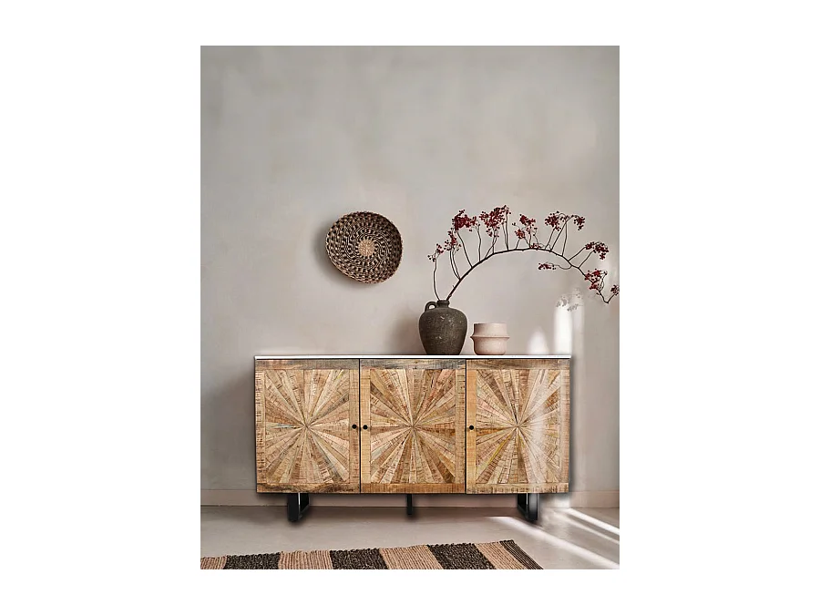 Sunet - Buffet en bois massif et marbre blanc 160 cm