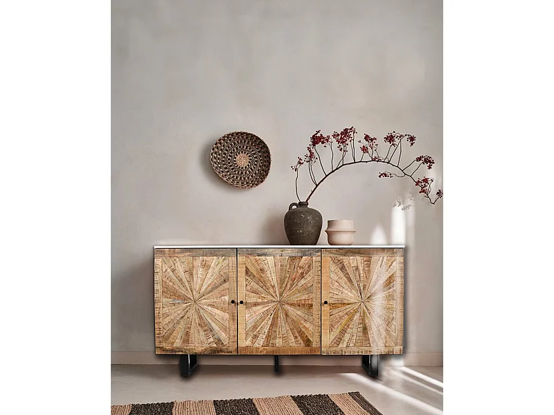 Sunet - Buffet en bois massif et marbre blanc 160 cm