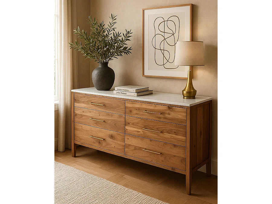 Havena - Commode en bois massif et marbre blanc 173 cm