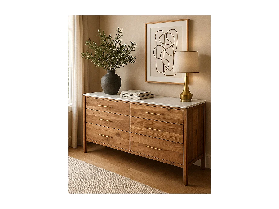 Havena - Commode en bois massif et marbre blanc 173 cm