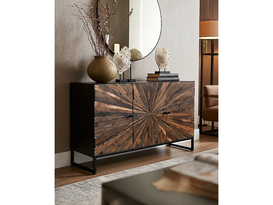 Mandala - Buffet bas 3 portes en teck recyclé et métal noir 145 cm