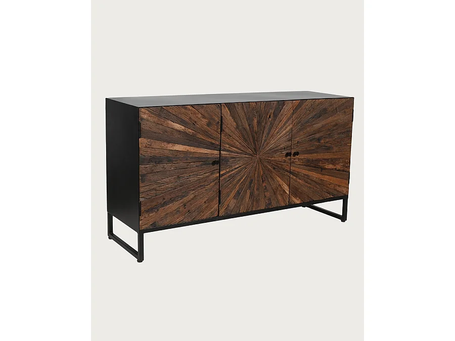 Mandala - Buffet bas 3 portes en teck recyclé et métal noir 145 cm
