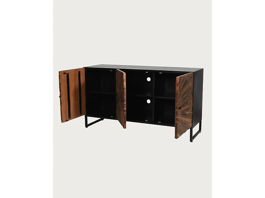 Mandala - Buffet bas 3 portes en teck recyclé et métal noir 145 cm