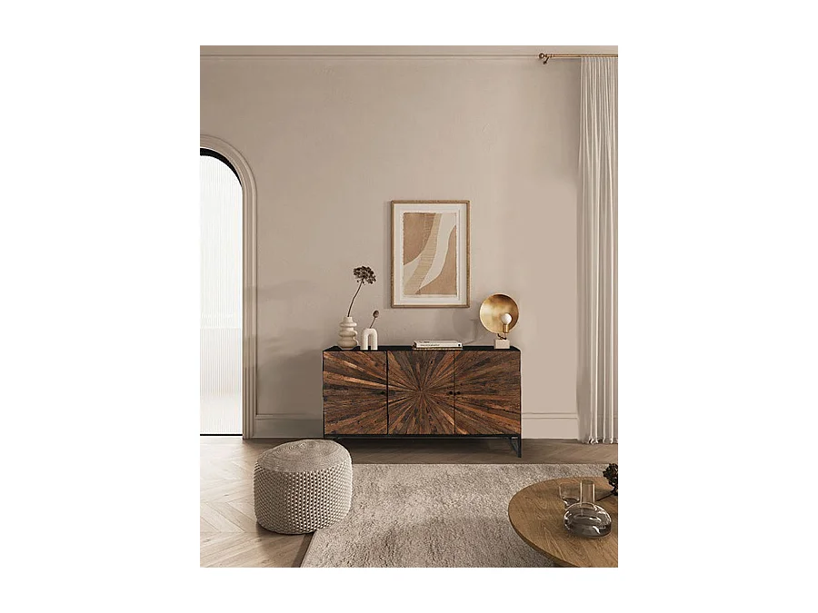 Mandala - Buffet bas 3 portes en teck recyclé et métal noir 145 cm