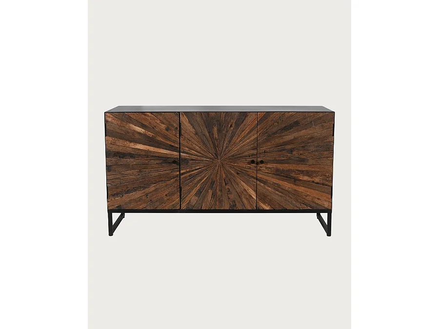 Mandala - Buffet bas 3 portes en teck recyclé et métal noir 145 cm