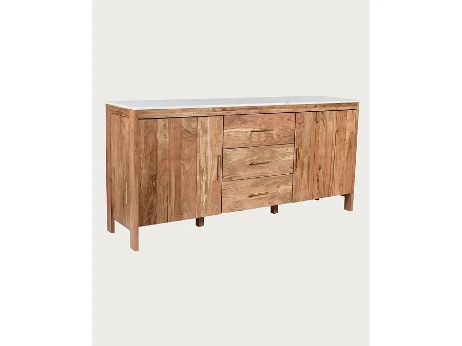 Havena - Buffet en bois massif et marbre blanc 180 cm