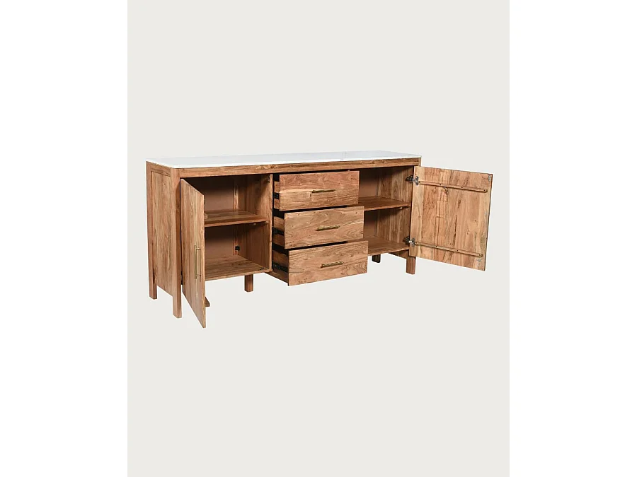 Havena - Buffet en bois massif et marbre blanc 180 cm
